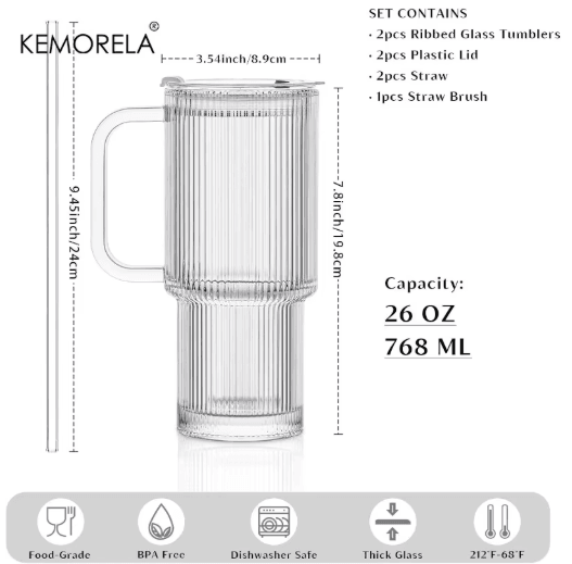 760 ml Ribbed Glass Tumbler with Handle Lid Large Iced Coffee Mug with Straw 1 to 2 PCS