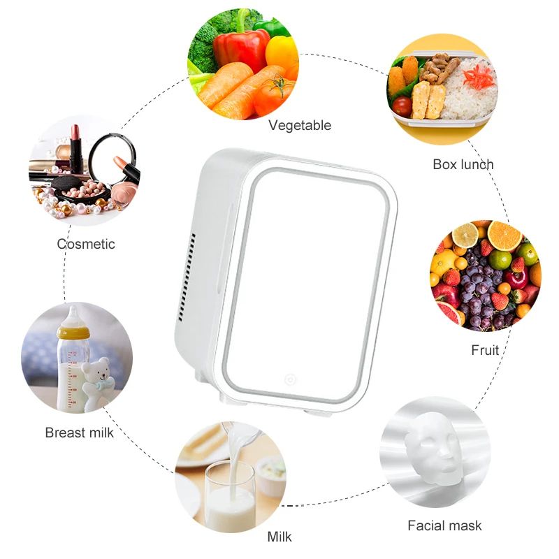 4L Mini Makeup Fridge with LED Light Mirror Portable Cosmetic Storage Refrigerator for Home Car, Dual Use Cooler & W
