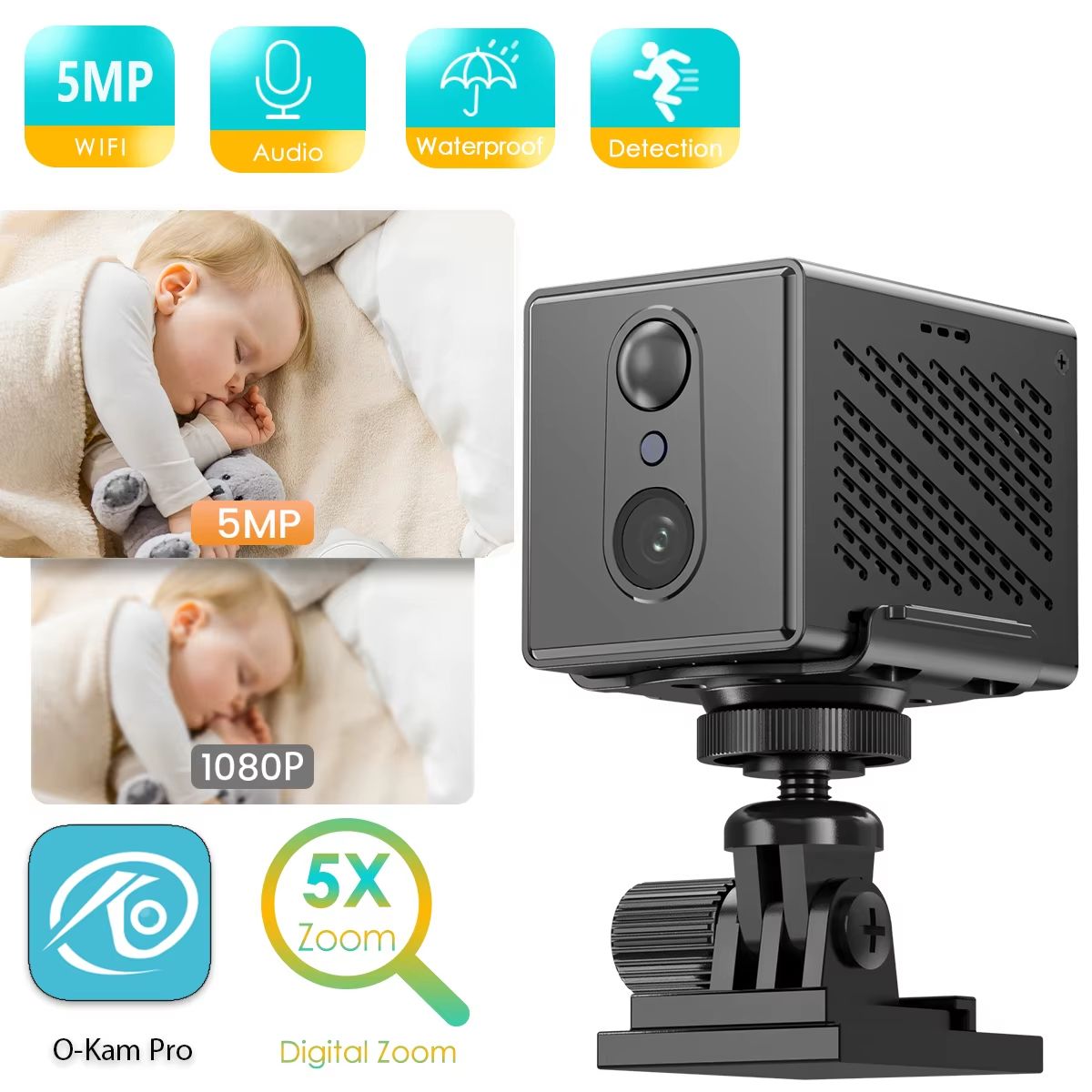 O-Kam Pro 5MP Mini WiFi IP Camera, 2400mAh Rechargeable PTZ with Human Detection and 5X Zoom