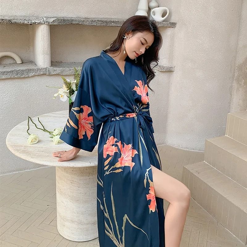 New Spring Summer Female Long Robe Set – Sexy Flower Print Kimono & Silk Satin Casual Lounge Wear