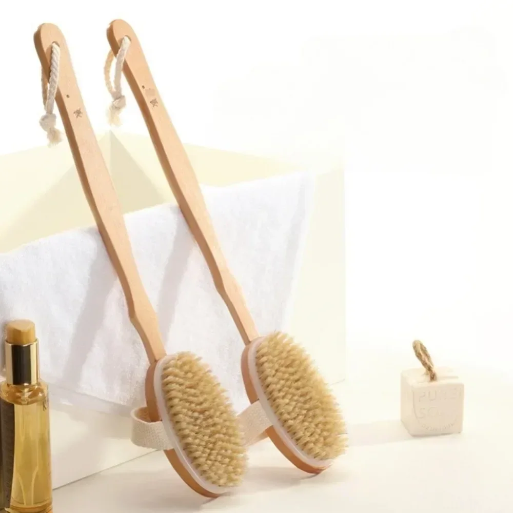 Natural Bristle Back Scrubber Shower Brush with Detachable Wooden Handle, Dry Skin Exfoliating Body Massage Bath Brushes