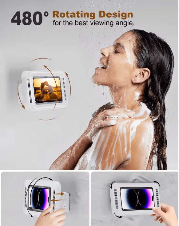 Waterproof Shower Phone Holder with Speaker and 480 Degree Rotation