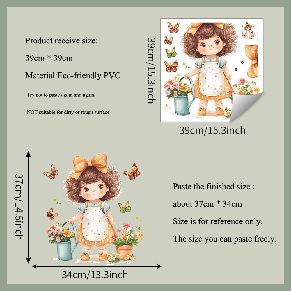 Cartoon Little Girl Flowerpot Wall Sticker, Self-Adhesive Kids Room Decor, Baby Bedroom Mural, Waterproof Nursery