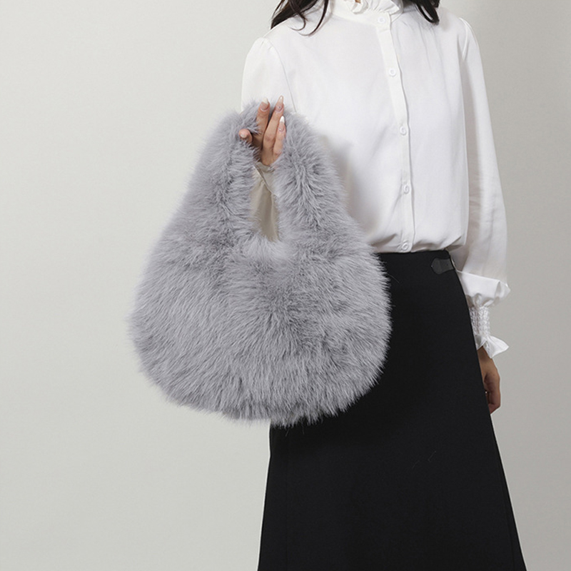 Designer Furry Purse and Handbags, Small Hobo Handle Bags for Women Shoulder Bags, Fashionable Cute Female Plush Bag