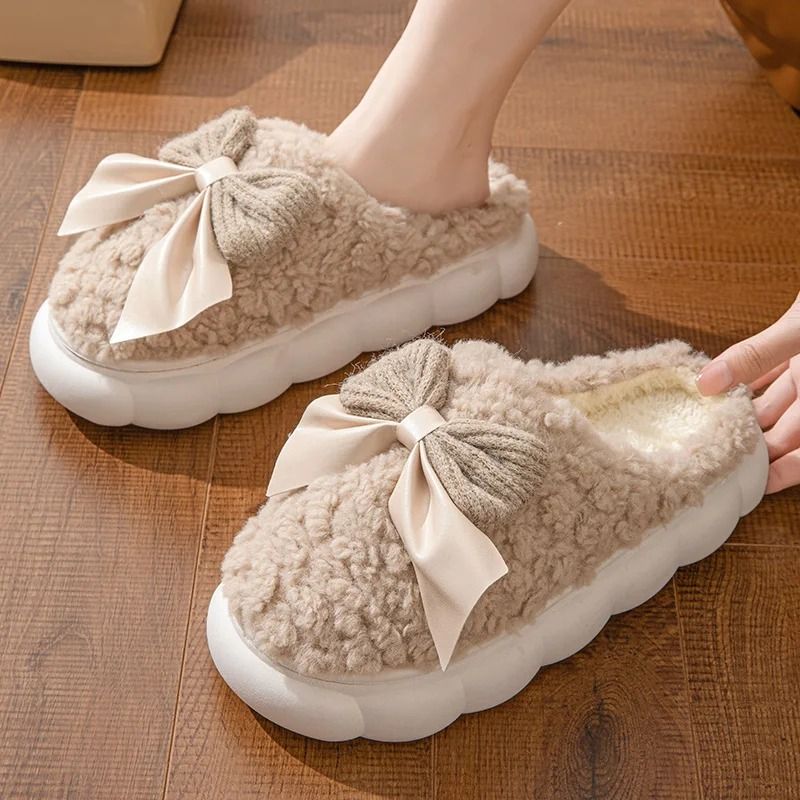 Women Winter Warm Plush Slippers with Bow