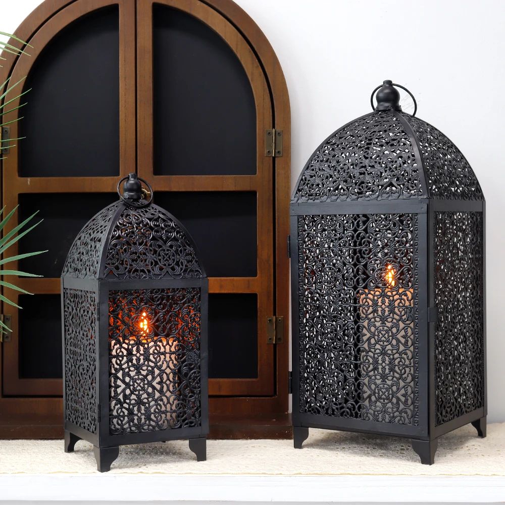 Black Metal Hanging Candle Lantern Set
