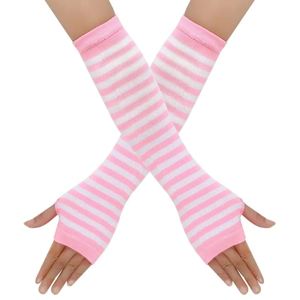 Warmer Knitted Long Fingerless Gloves Lady Striped Elbow Mittens