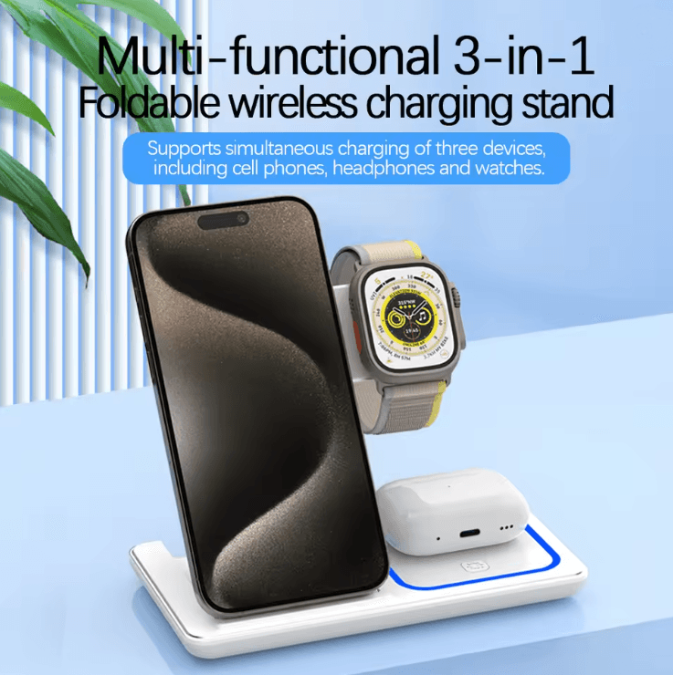 30W LED Fast Wireless Charger Stand 3 in 1 Foldable Charging Station for iPhone Apple Watch and AirPods