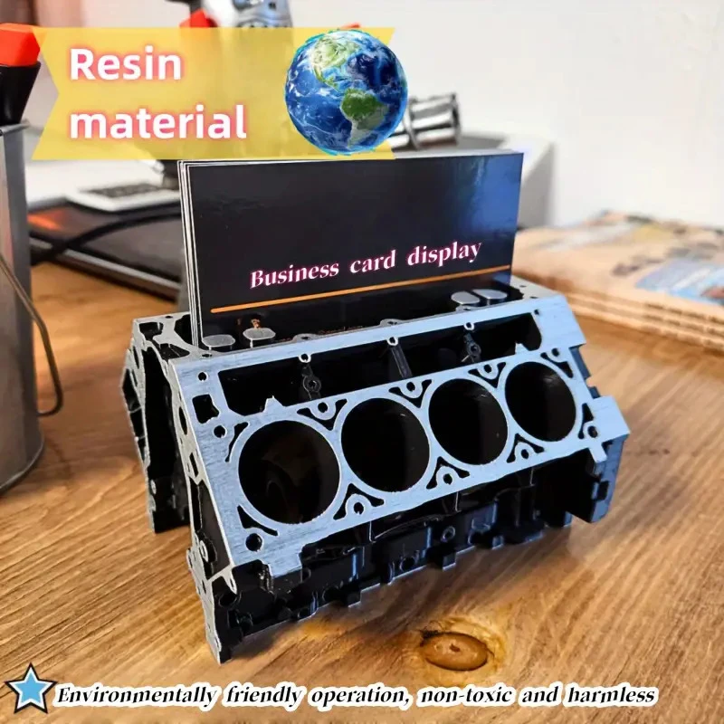 Business Card Pen Holder, Creative Engine Block Desk Organizer, Resin Construction Gift for Car Lovers