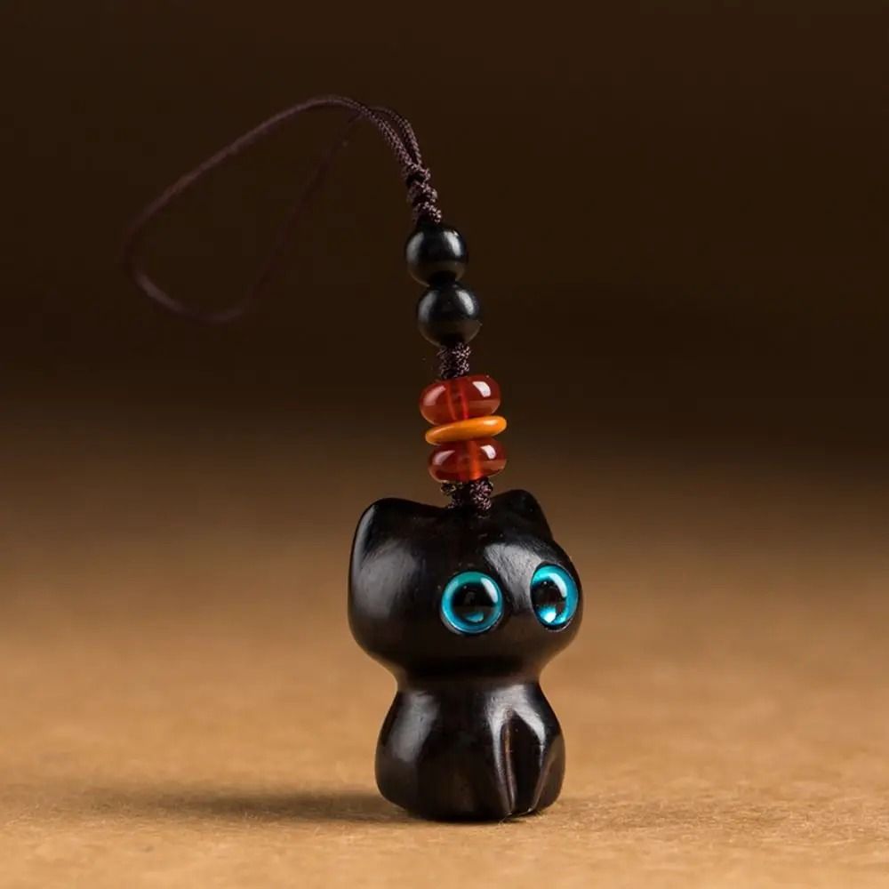 Creative Cute Cat Shape Lucky Blessing Charm Sandalwood Keychain Pendant
