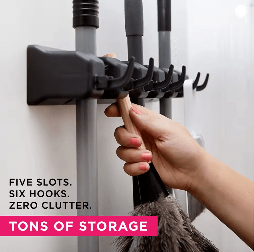 Wall Mounted Mop and Broom Holder Rack with Multi Slot Storage Organizer