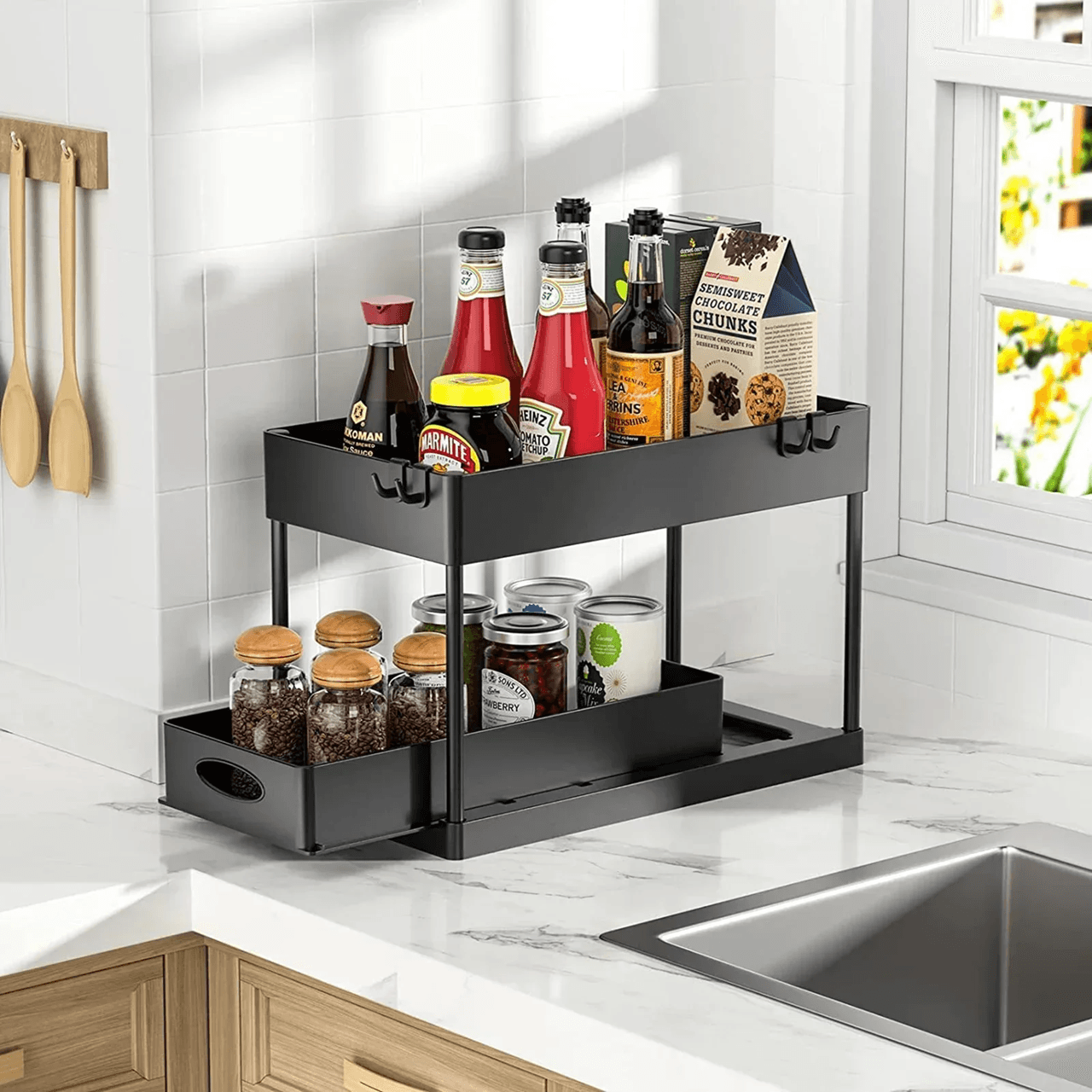 2 Tier Under Sink Organizer Sliding Cabinet Storage Rack with Hooks