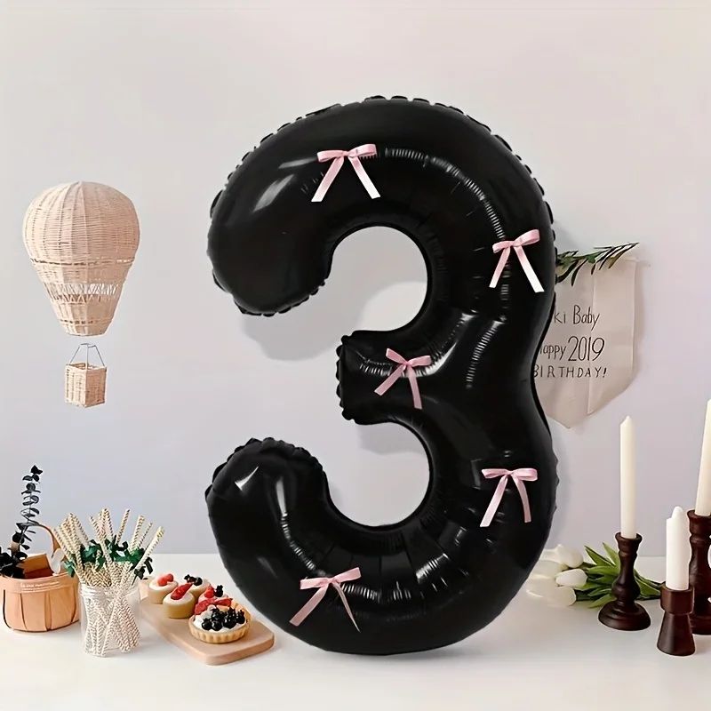 Black Number Balloon with Pink Bow