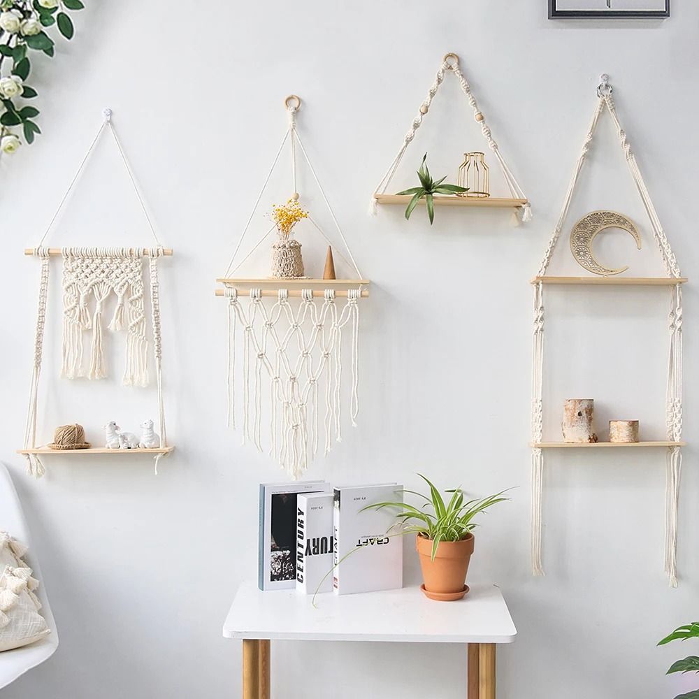 Boho Macrame Wall Hanging Floating Wood Shelf