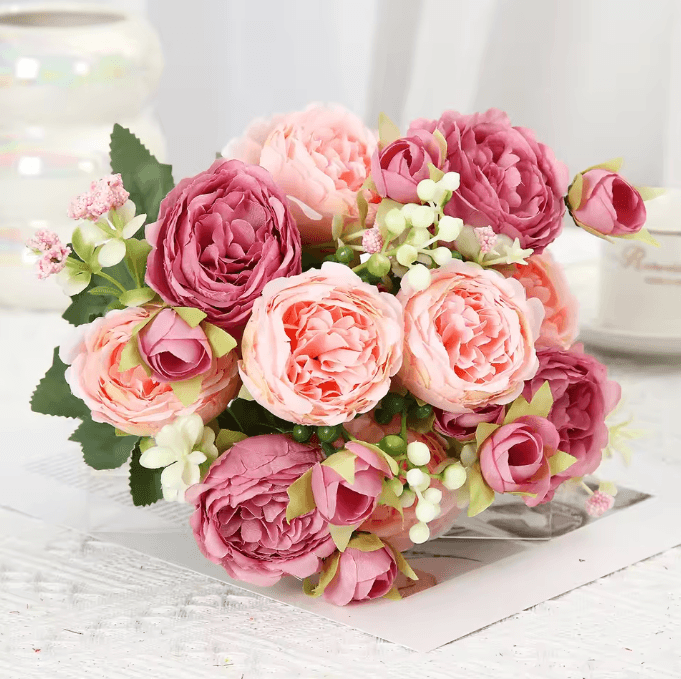 Pink & White Artificial Rose Bouquet – Realistic Silk Flowers for Home & Wedding Decor