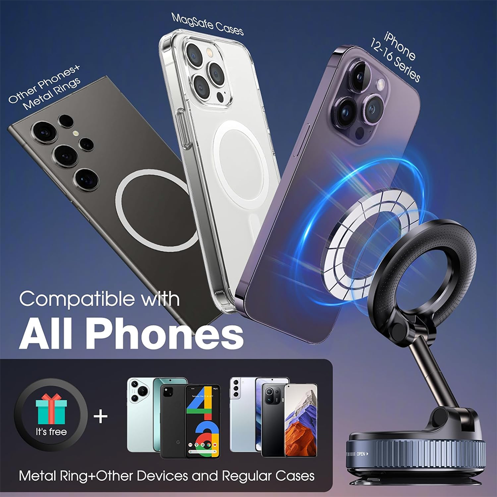 Magnetic Car Phone Mount, 360° Foldable Vacuum Magnetic Phone Holder, Hands-Free Suction Cup Phone Holder
