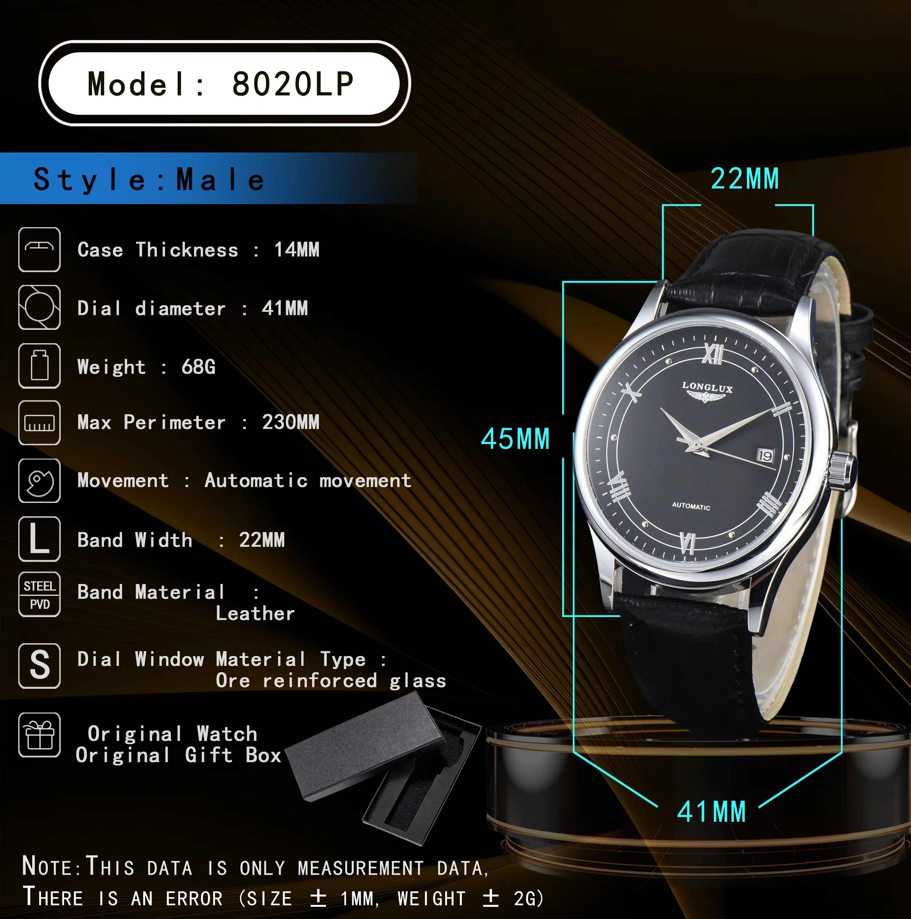 LONGLUX Automatic Mechanical Men's Watch Classic Leather Strap Watch with Date Display