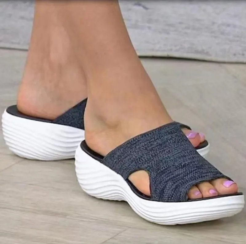 Slippers Women Casual Open Toe, Breathable Outdoor Beach Platform Sandals, Plus Size Solid Color Wedges Shoes