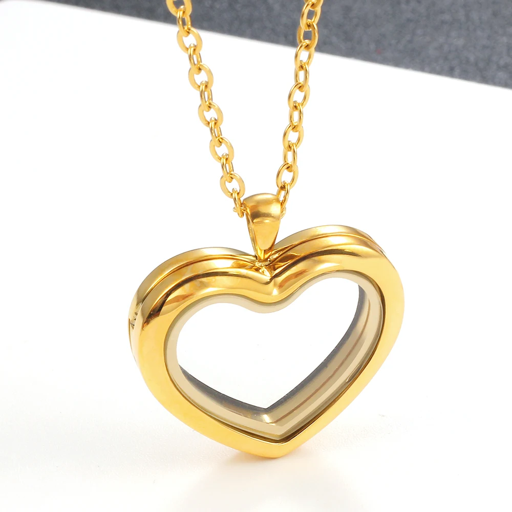 Stainless Steel Living Glass Locket, Peach Heart Floating Charm, Magnetic Closure Chain Necklace
