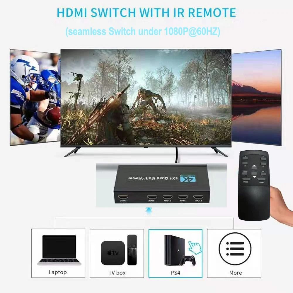 4K HDMI Multiviewer 4x1 Quad Screen Seamless Switcher with Remote