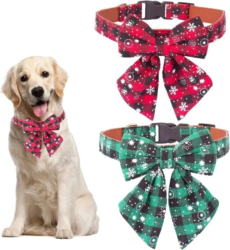 Christmas Dog Collar with Classic Plaid Bow Tie