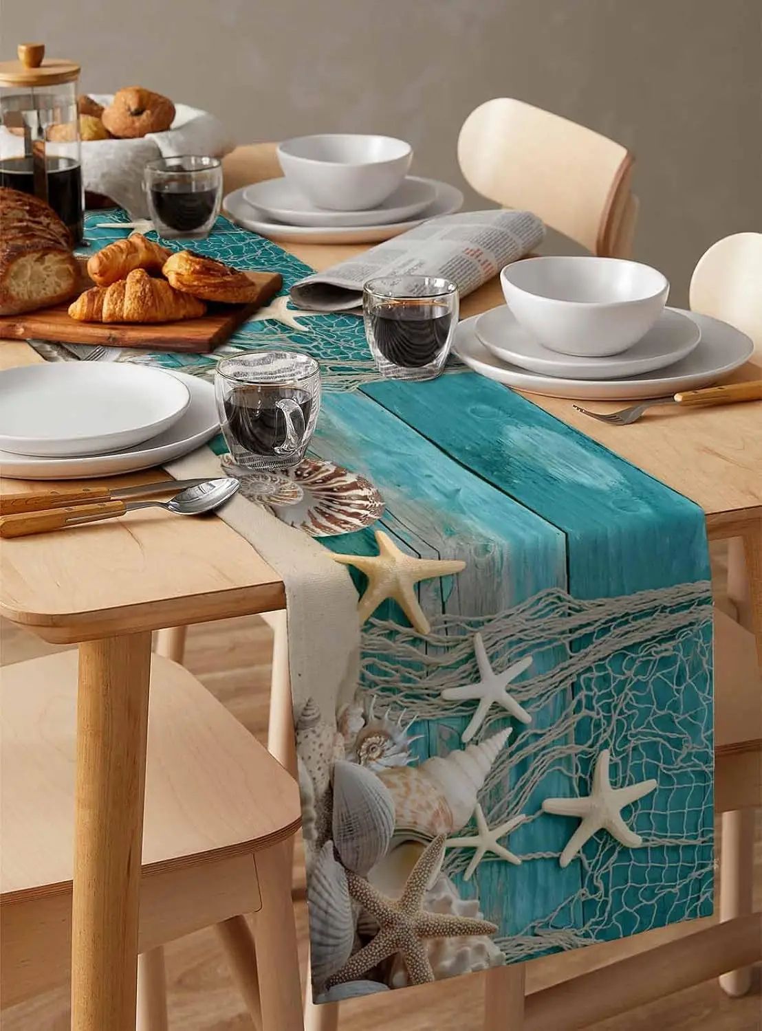 Coastal Starfish Shell Linen Table Runner – Summer Beach Ocean Decor for Dining & Party Tables