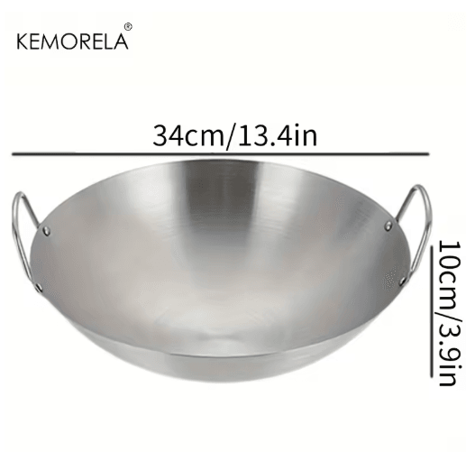 KEMORELA Premium Stainless Steel Wok Uncoated Double-Handle Chef Pan for High-Heat Stir-Fry