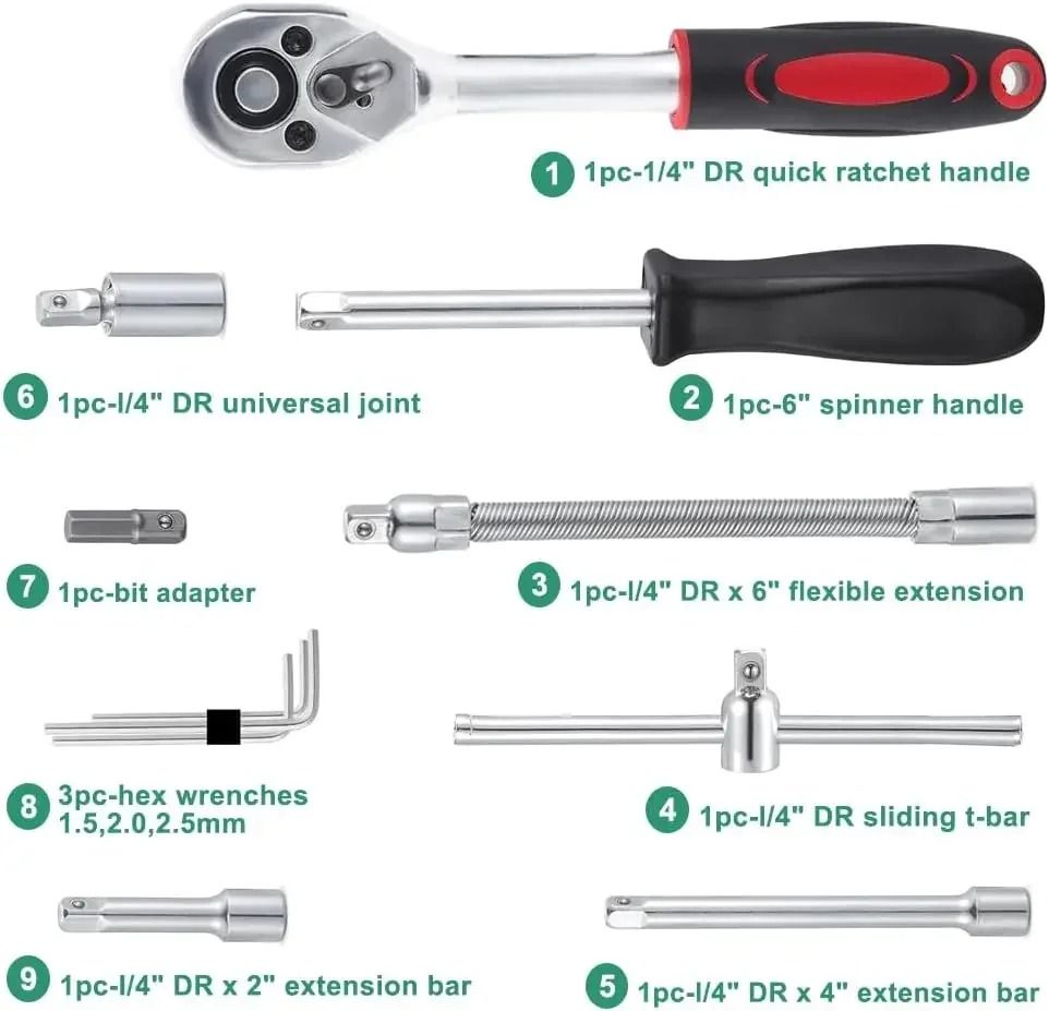 46 Piece Socket Ratchet Wrench Set With Bit Sockets and Extension Bar