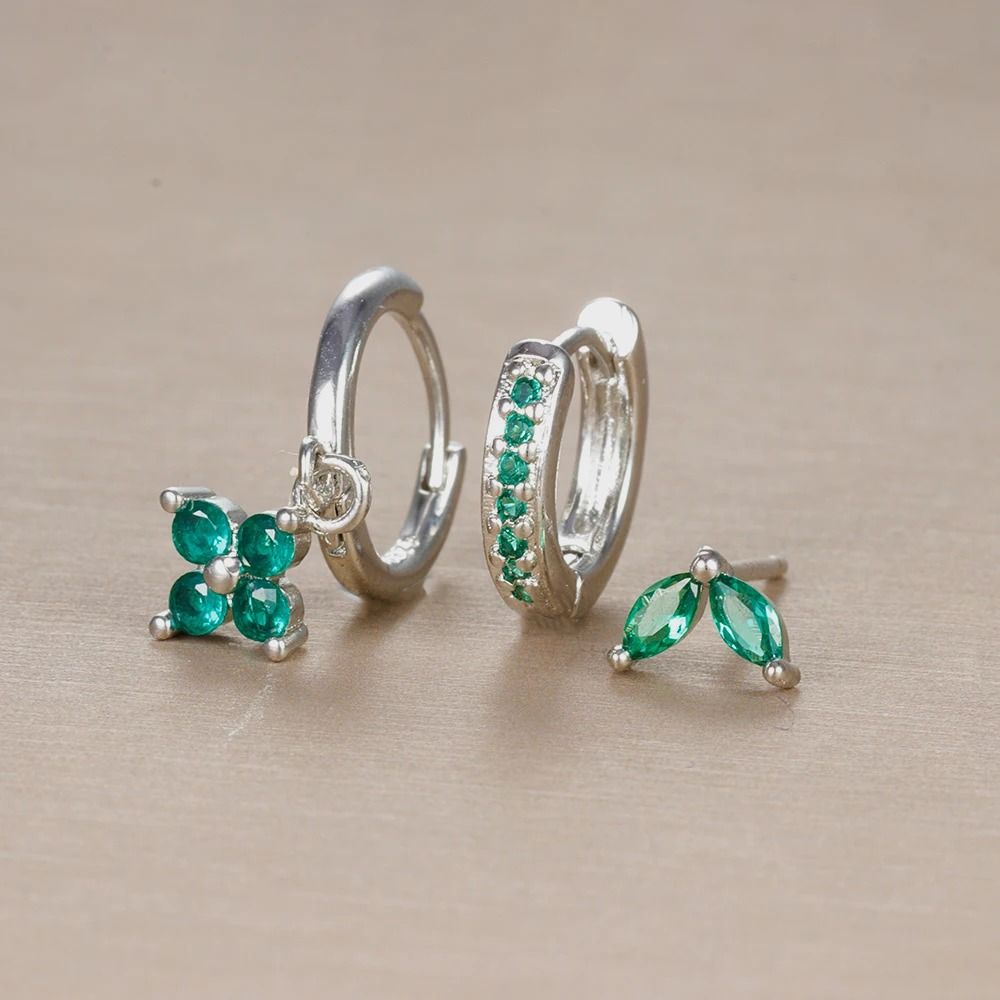 3-Piece Green Crystal Stainless Steel Hoop Set