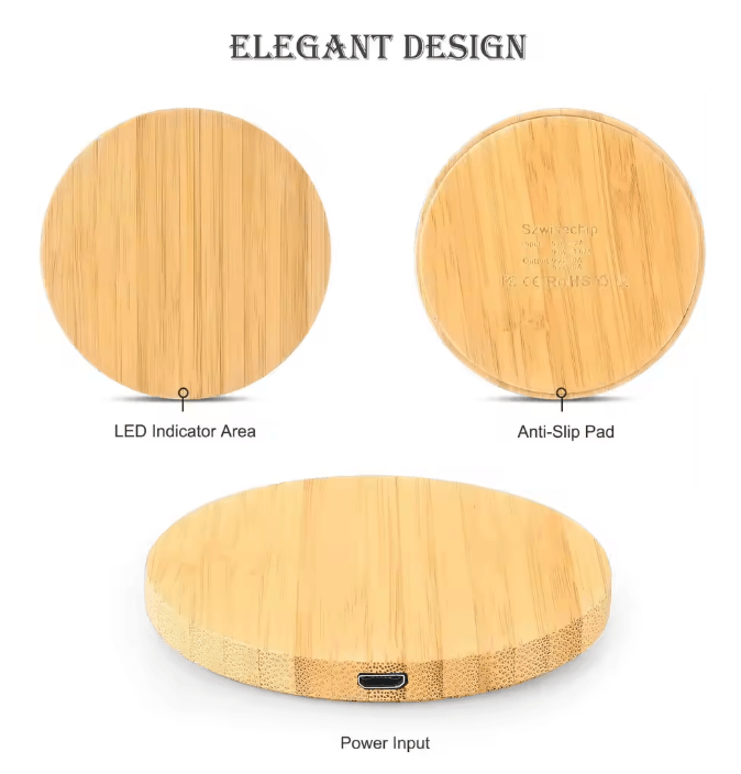 Bamboo Wireless Charger Fast Charging Pad 15W Qi Compatible