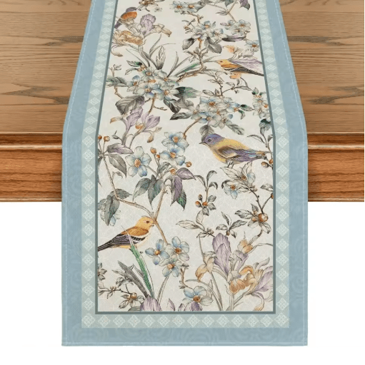 Blue Birds Blossom Linen Table Runner Elegant Floral Wedding & Home Table Decor