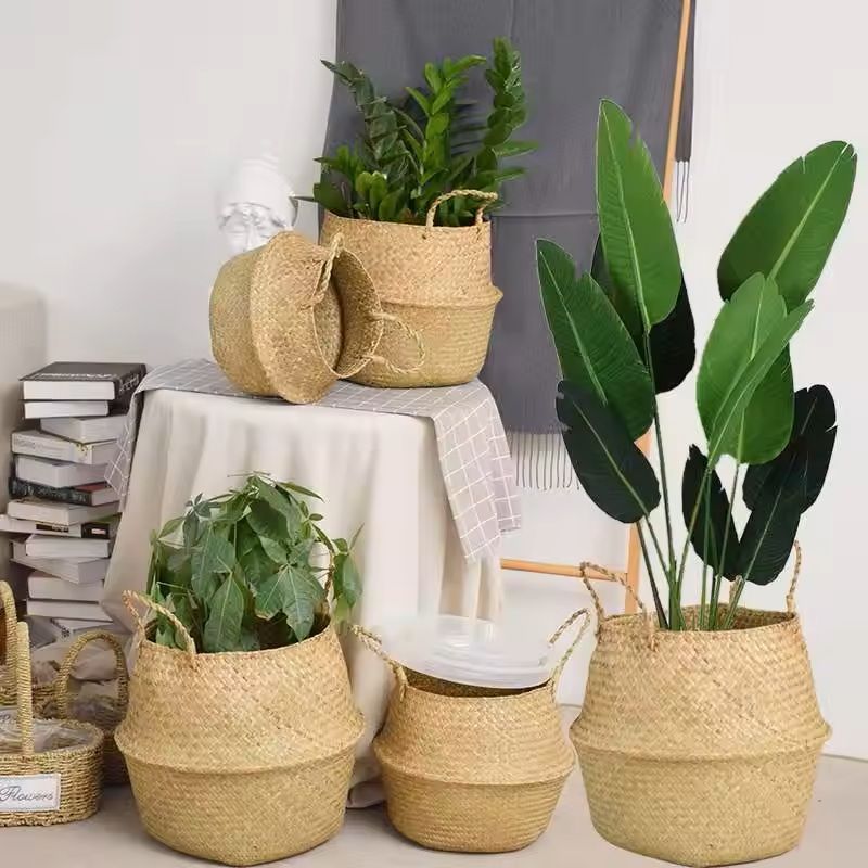 Boho Wicker Storage Basket – Handmade Collapsible Seaweed Laundry & Flower Pot Basket