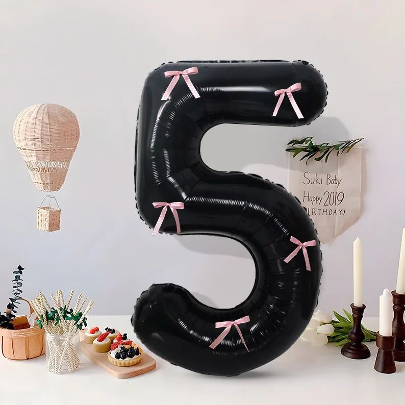Black Number Balloon with Pink Bow