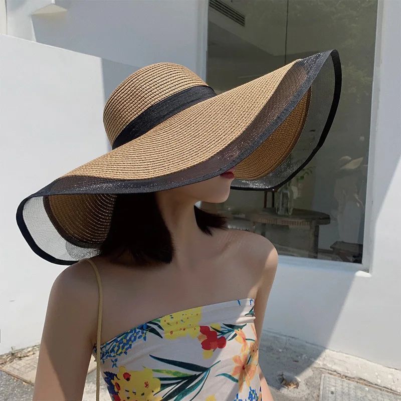 Vintage Foldable Straw Womens Sun Hat with Wide Brim UV Protection Beach Visor