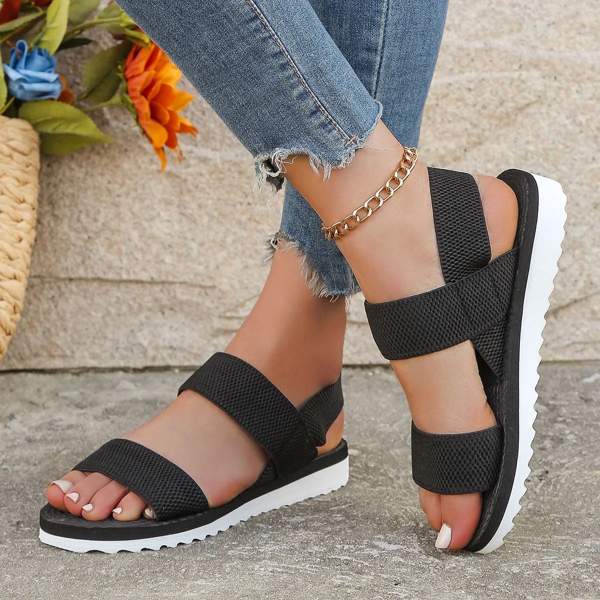 Womens Black Flat Sandals with Anti Slip Shoelace Sole