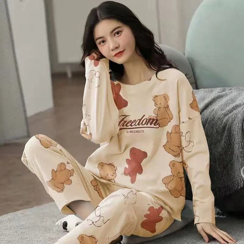 Fall Winter Womens Cartoon Pajama Set Long Sleeve Top and Pants Cozy Sleepwear Loungewear