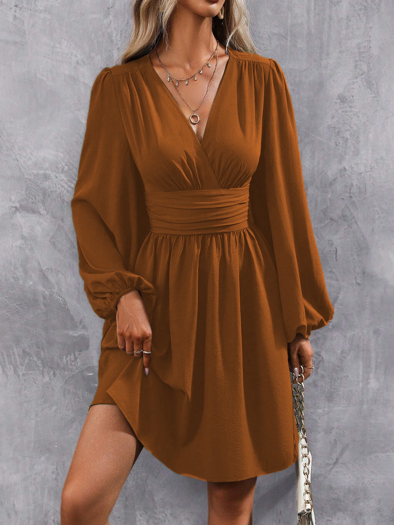 Women Winter Neck Lantern Sleeve Dress, Knit Dress with Waist Shirring, Bodycon Maxi