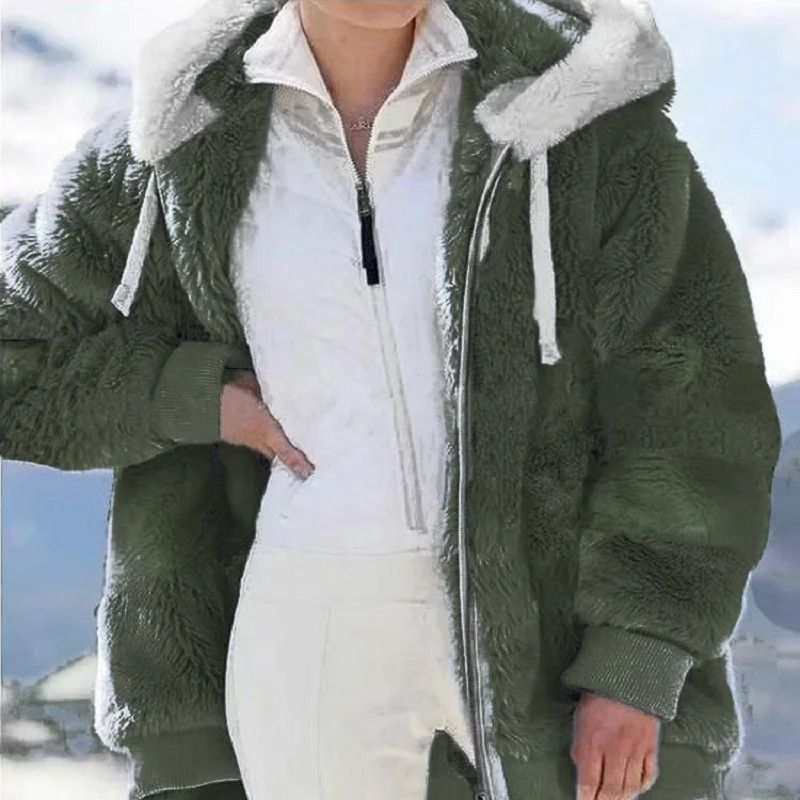 Cozy Womens Plush Hooded Jacket Loose Zip Up Winter Fleece Coat