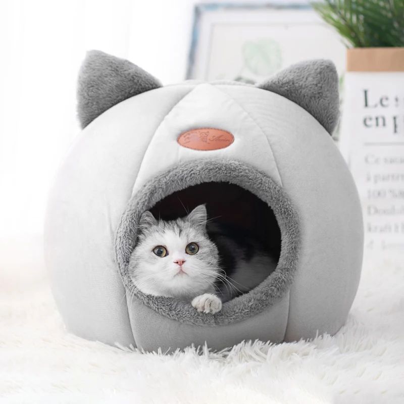 Winter Cozy Cat Cave Bed – Warm Enclosed Pet Tent House for Cats & Small Dogs
