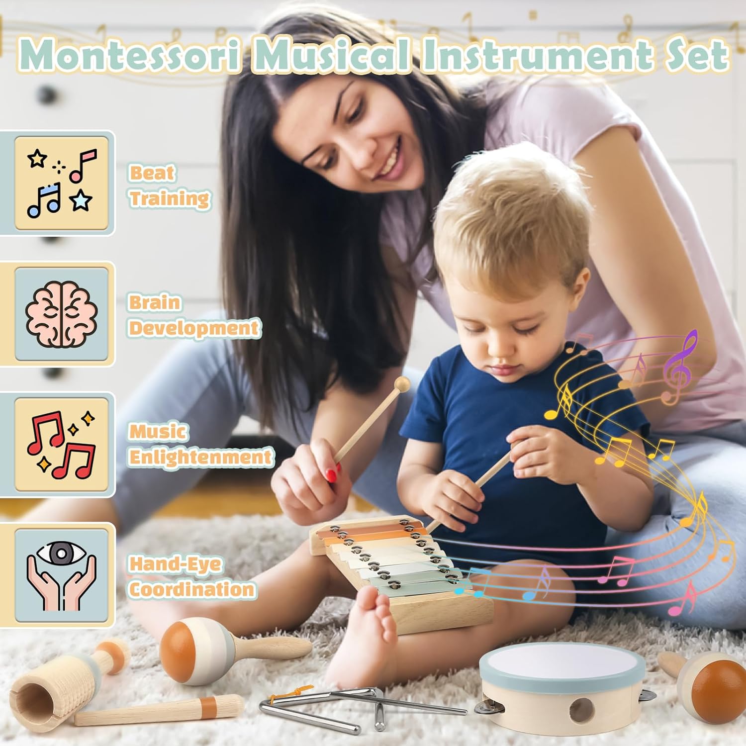 Baby Musical Instruments Montessori Wooden Toys, Percussion Xylophone Set for Toddlers, Preschool Educational Gifts
