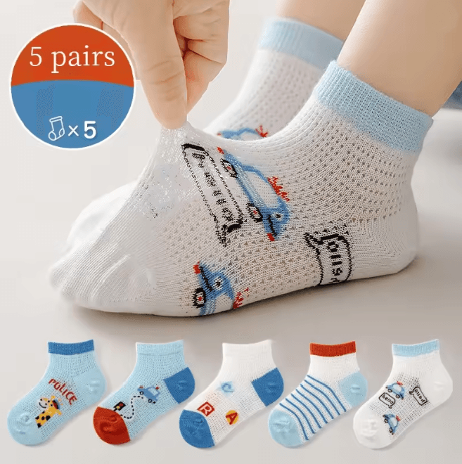 BreezeStep Summer Cotton Kids Socks 5 Pair Cartoon Mesh Set