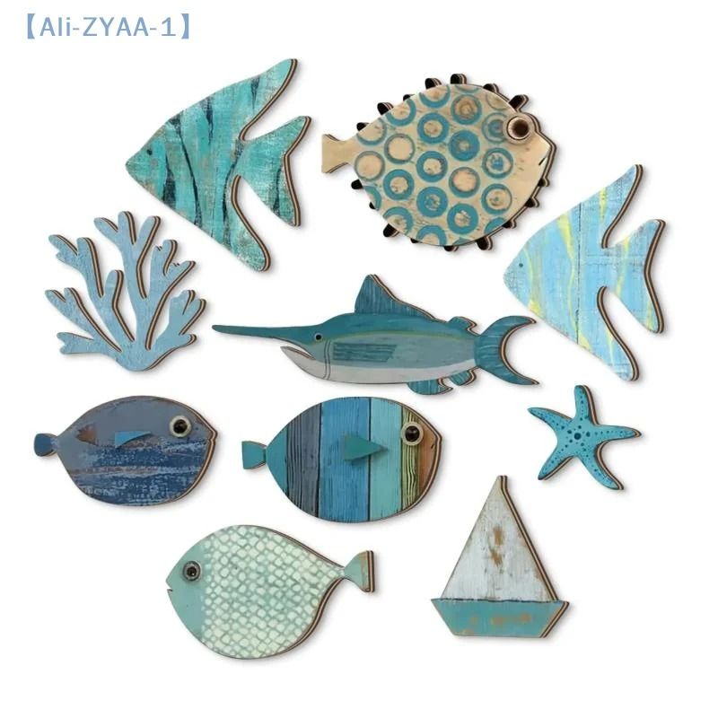 Wooden Fish Wall Decor Set Coastal Nautical Beach Bathroom Wall Art 10pcs