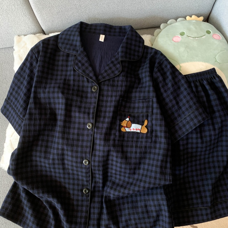 Cute Pajamas Set for Women, Embroidery Dog Sweet Fashion, Plaid Lapel Neck, Elastic Waist Casual Nightwear