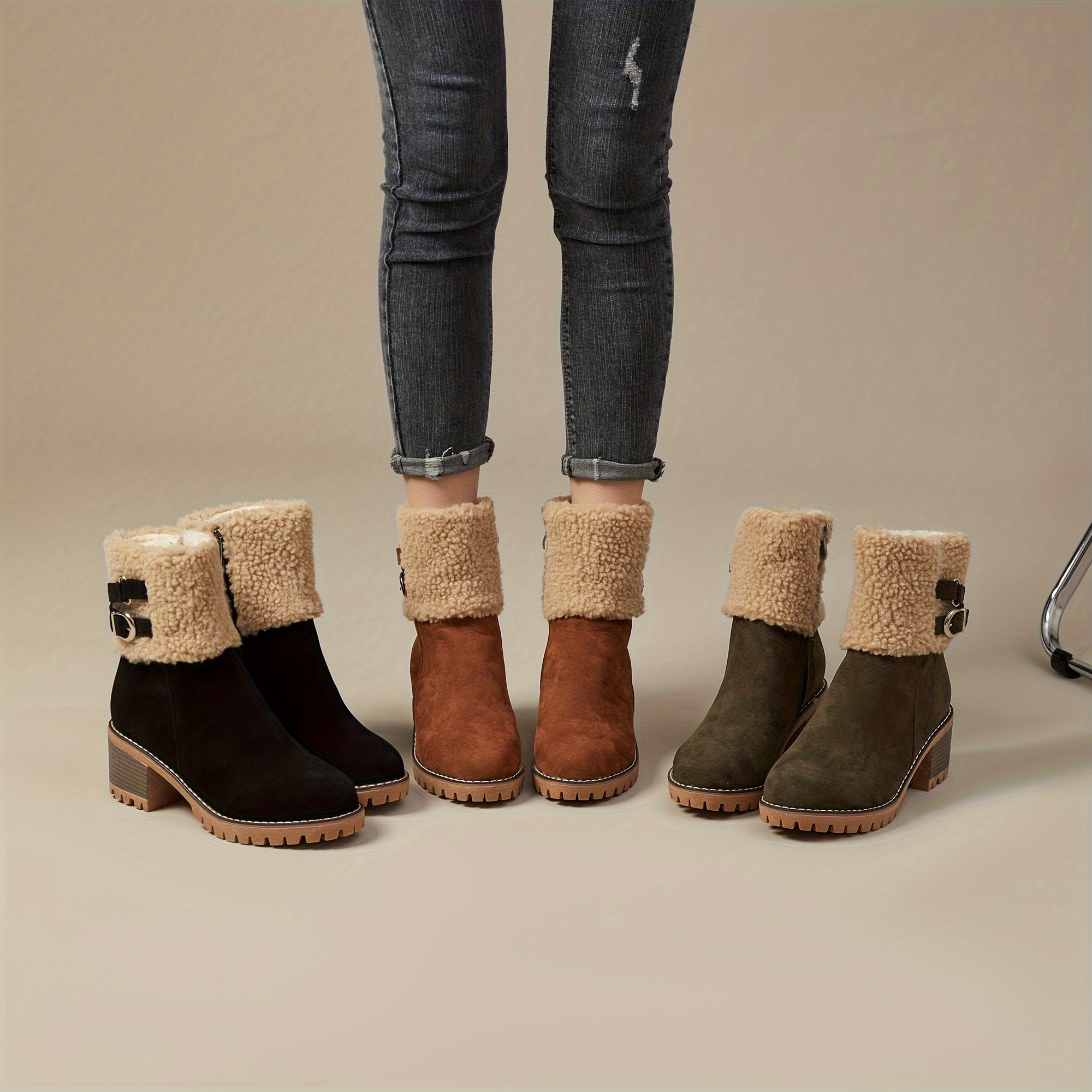 Women's Chunky Heel Short Boots - Casual Side Zipper Plush Lined Boots - Comfortable Winter Ankle Boots