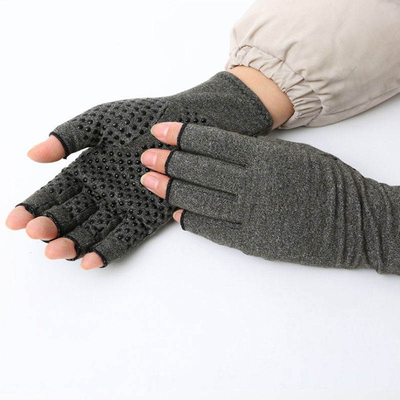 Compression Gloves Grey Half Finger Design, Relieve Arthritis Pain Instantly with Anti-Slip Pressure Gloves