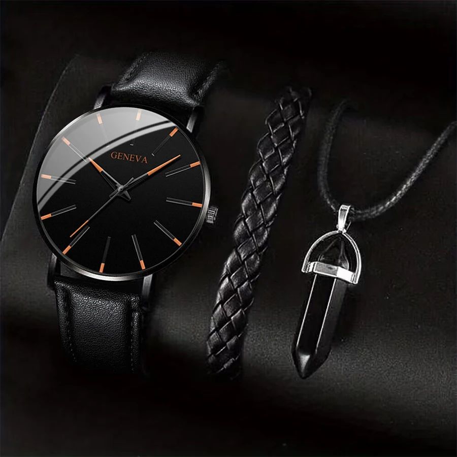 Mens Business Leather Watch Necklace Bracelet Set