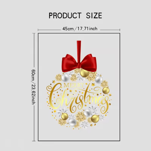 Christmas Wreath Window Sticker – Golden Snowflake & Red Bow Static Cling Glass Decal