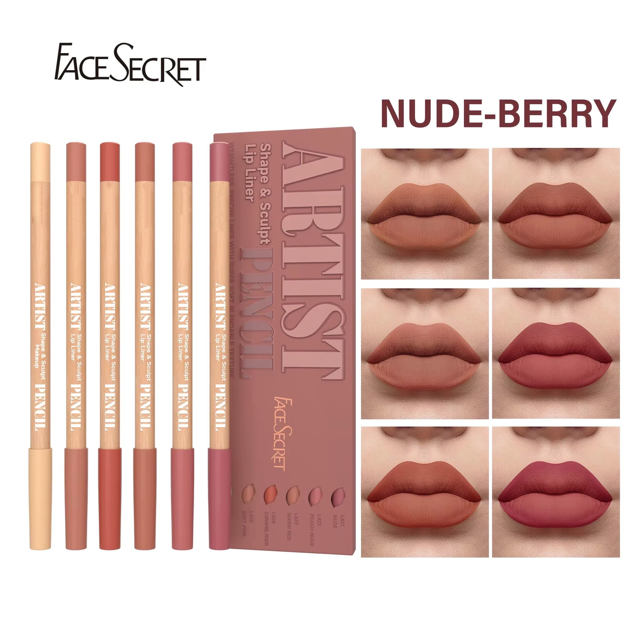 Face Secret Artist Shape Sculpt Lip Liner Pencil Set – Weightless Matte Lip Liner, Precise Smudge-Proof, Soft Blendable