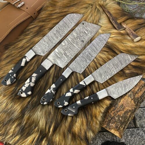 Premium Damascus Steel Kitchen & Hunting Knives – 5 Pc Set