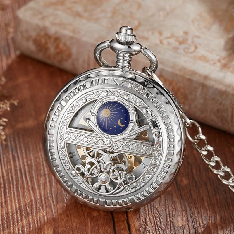 Mechanical Pocket Watch Star and Moon Phase Skeleton Design